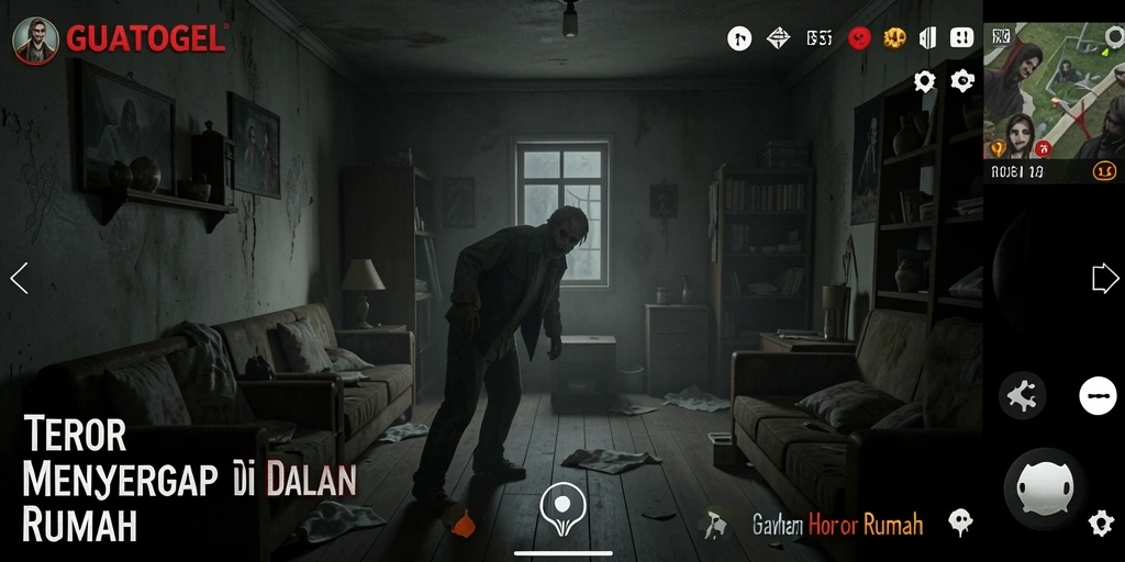 Screenshot GUATOGEL menampilkan suasana mencekam dari rumah berhantu.
