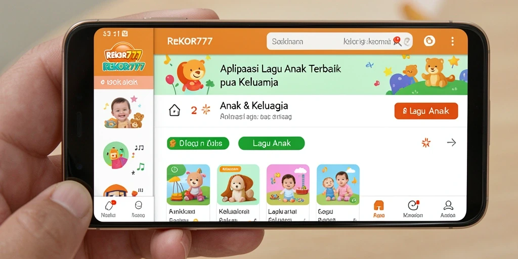 Antarmuka aplikasi REKOR777 yang interaktif dengan fitur lagu anak.